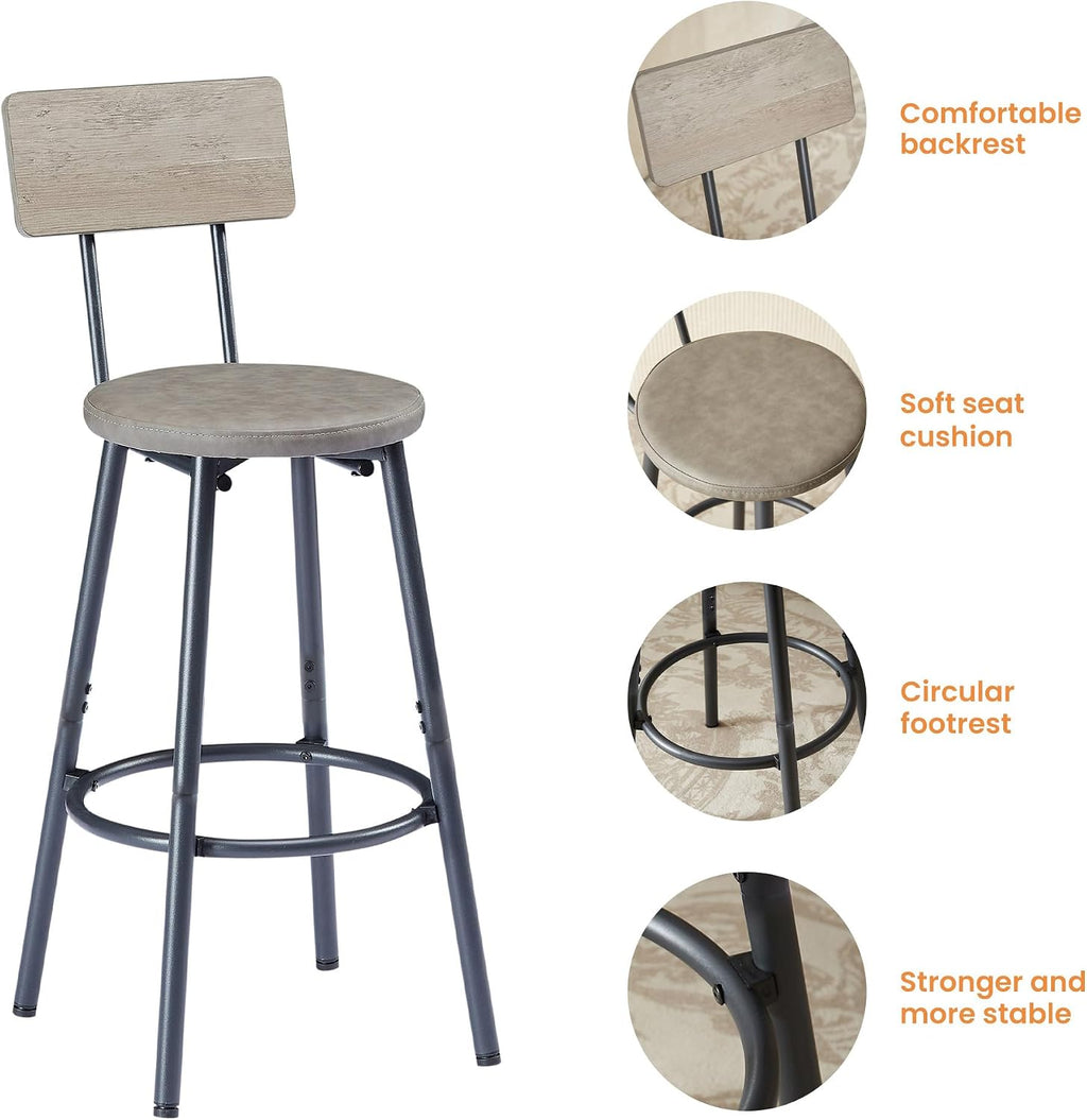 Elevon Long Bar Table Set with 3 PU Upholstered Bar Stools, Dining Table and Chair Sets, Industrial Tall Coffee Table and Back Chair for Kitchen, Living Room, Party Room, Small Space, Pub, Gray
