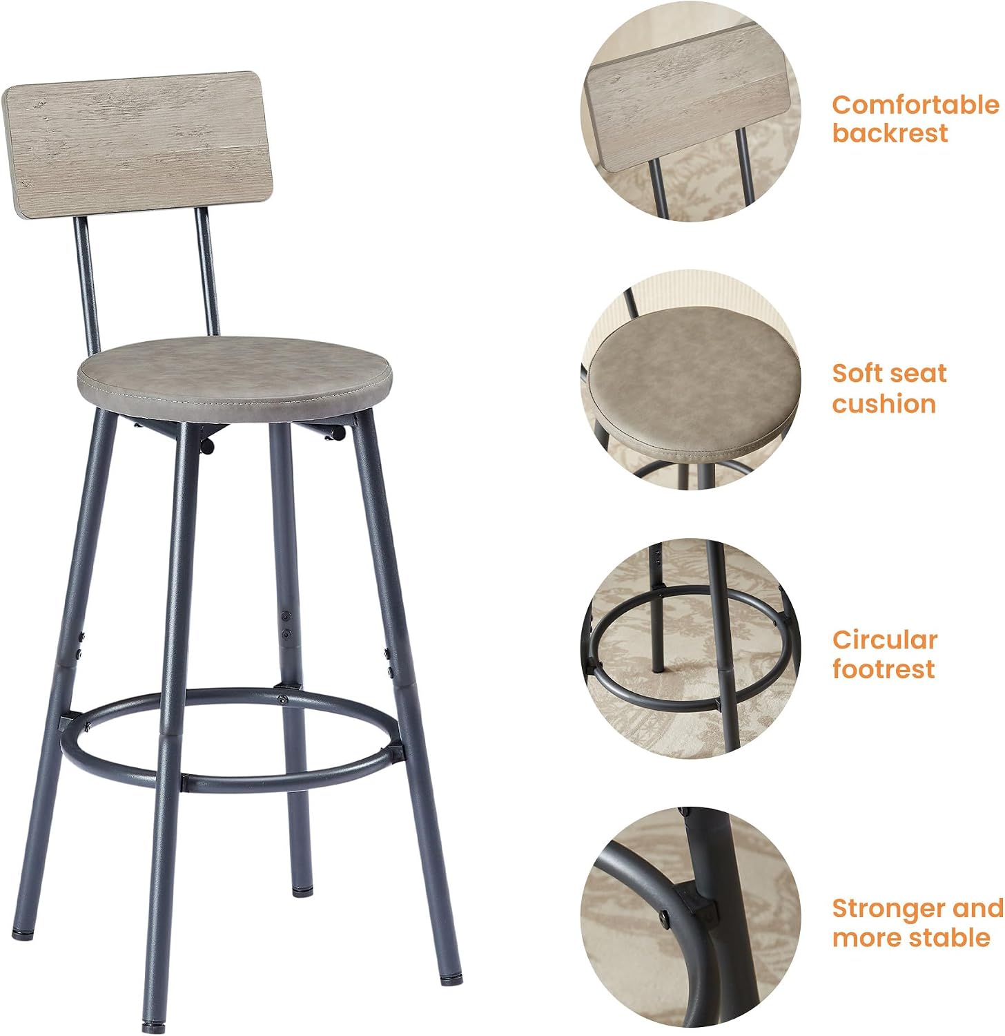 Elevon Long Bar Table Set with 3 PU Upholstered Bar Stools, Dining Table and Chair Sets, Industrial Tall Coffee Table and Back Chair for Kitchen, Living Room, Party Room, Small Space, Pub, Gray
