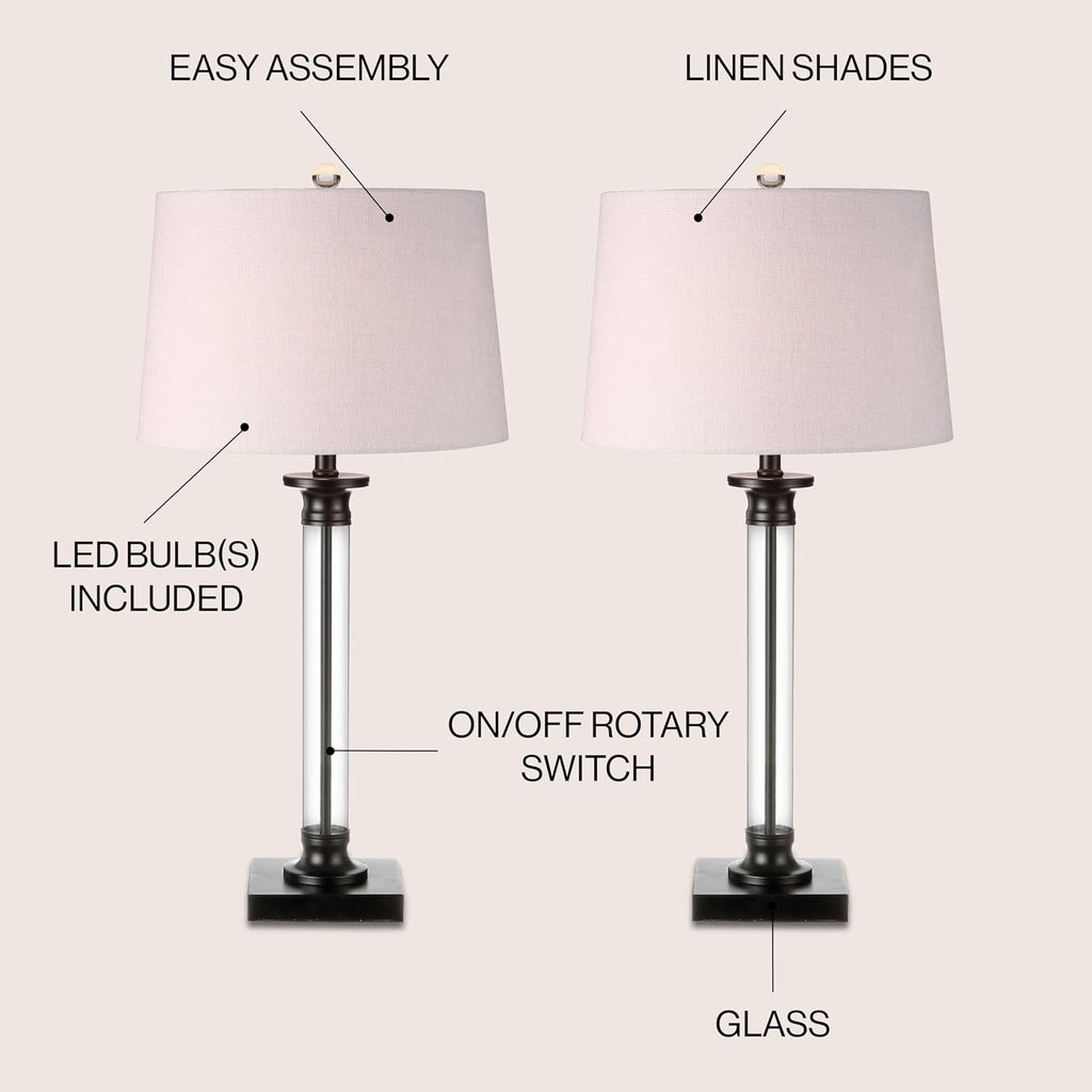 JONATHAN Y 30' Black/Clear Glass and Metal Column Table Lamp Set of 2 for Living Room Bedroom, Traditional Iron Base with White Linen Drum Shade, LED Bulbs Included JYL1008A-SET2
