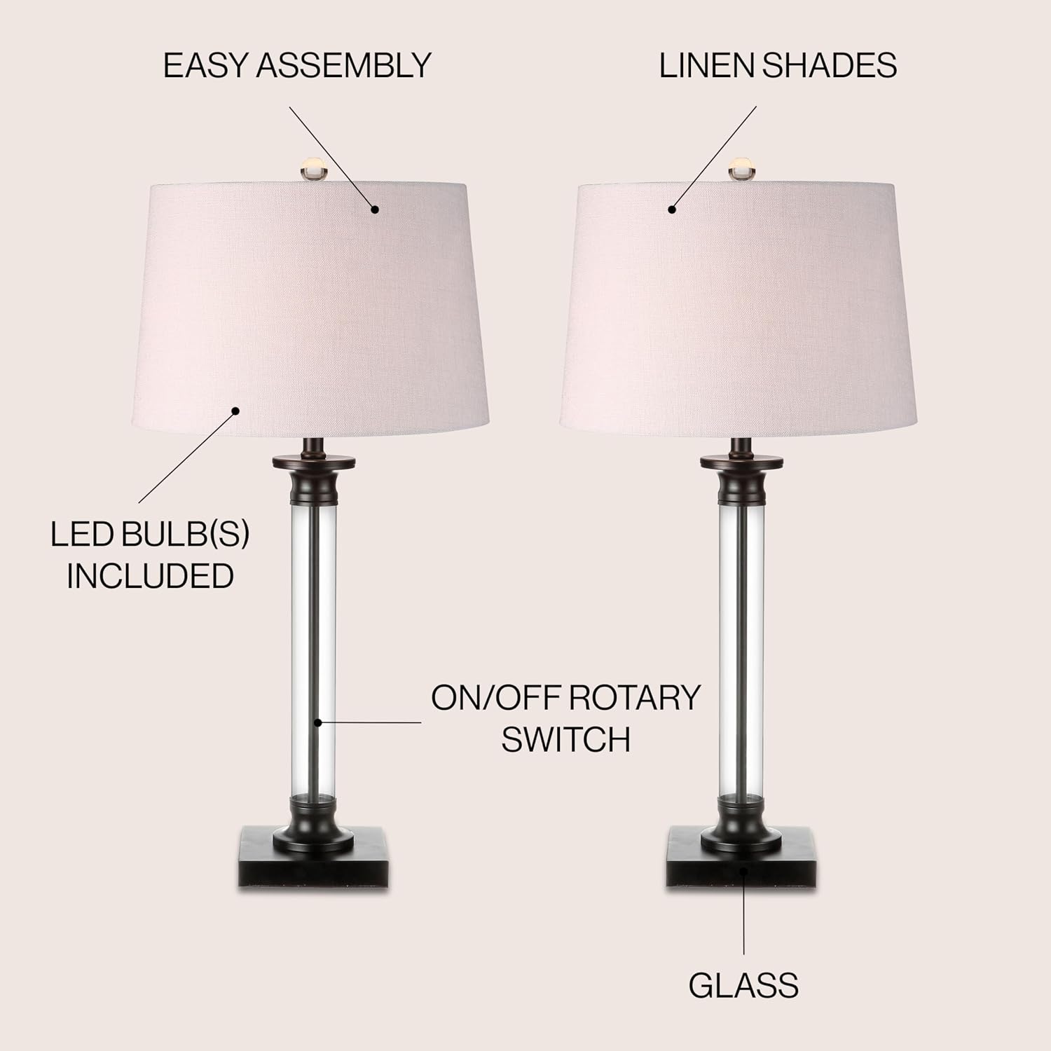 JONATHAN Y 30' Black/Clear Glass and Metal Column Table Lamp Set of 2 for Living Room Bedroom, Traditional Iron Base with White Linen Drum Shade, LED Bulbs Included JYL1008A-SET2