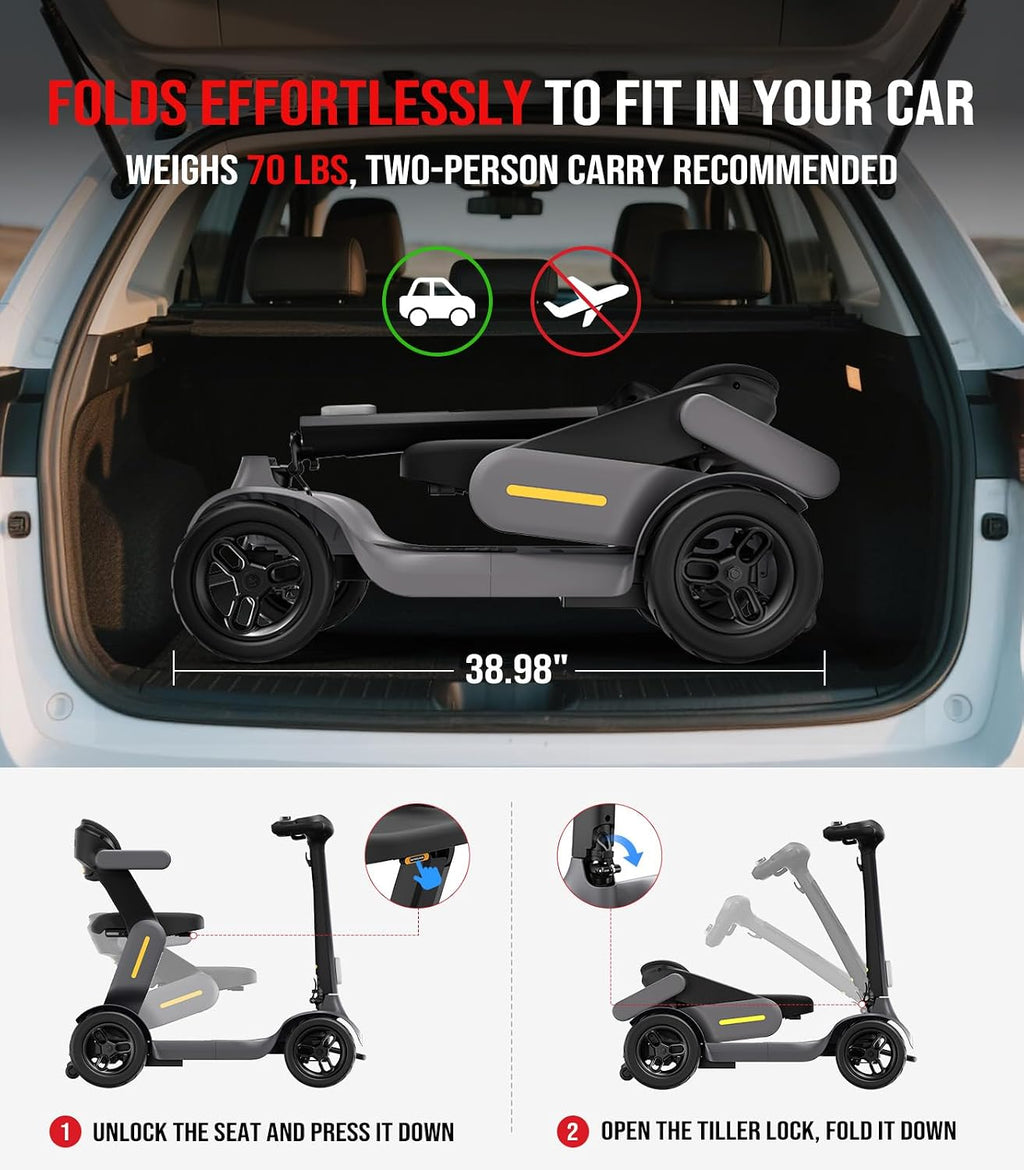 Glashow S3 Folding Mobility Scooter for Seniors & Adults – 4-Wheel All-Terrain Electric Scooter, 25 Mile Range, 6 MPH, 265 lb Capacity, Reverse, LED Lights & Basket – Gray