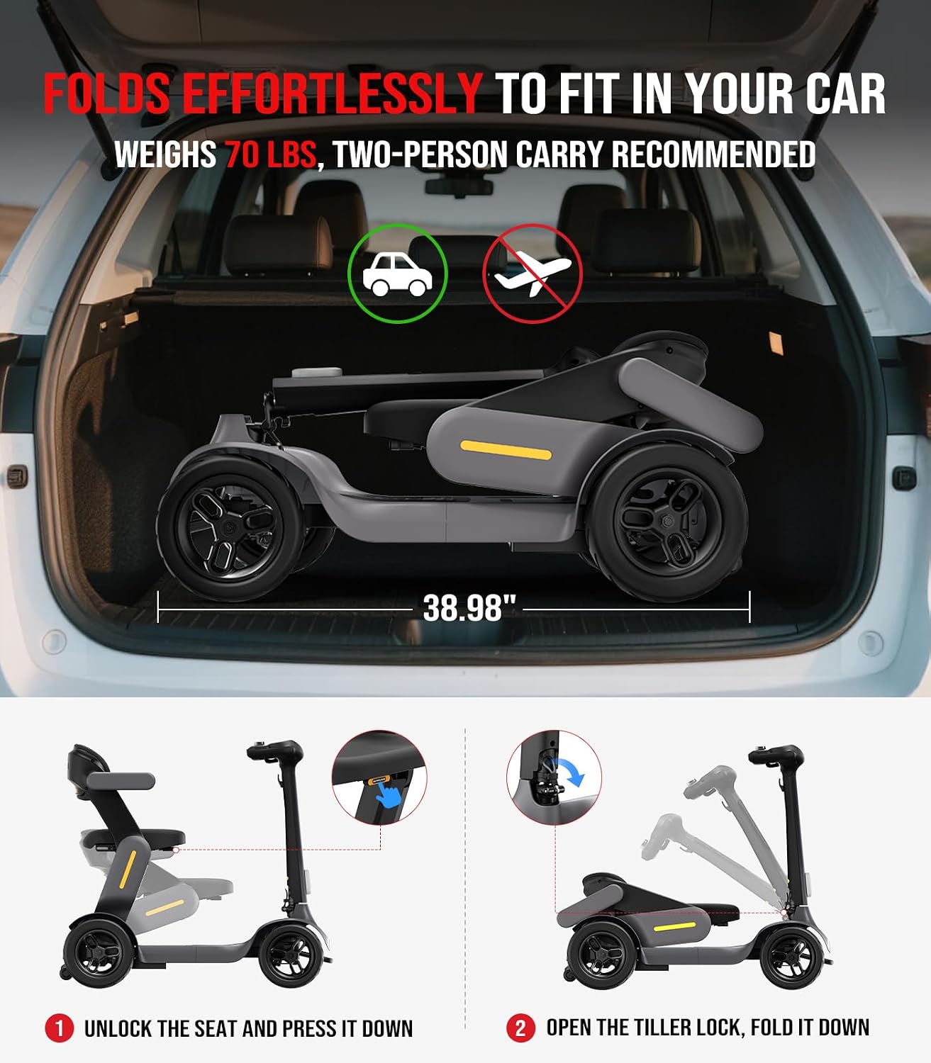 Glashow S3 Folding Mobility Scooter for Seniors & Adults – 4-Wheel All-Terrain Electric Scooter, 25 Mile Range, 6 MPH, 265 lb Capacity, Reverse, LED Lights & Basket – Gray