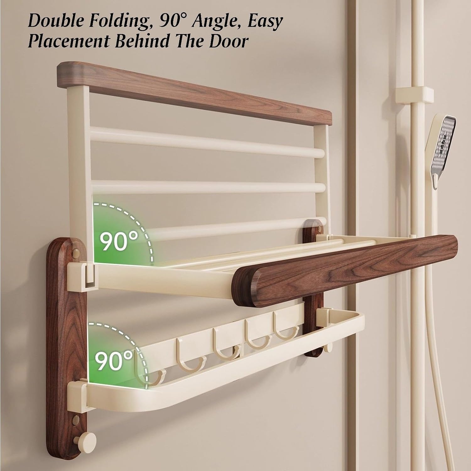 Space Aluminum+Solid Wood Towel Rack,Double Layer Bar Wall Mounted,with Foldable Shelf and Hooks,Bathroom Accessories,for Bedroom Bathroom Kitchen