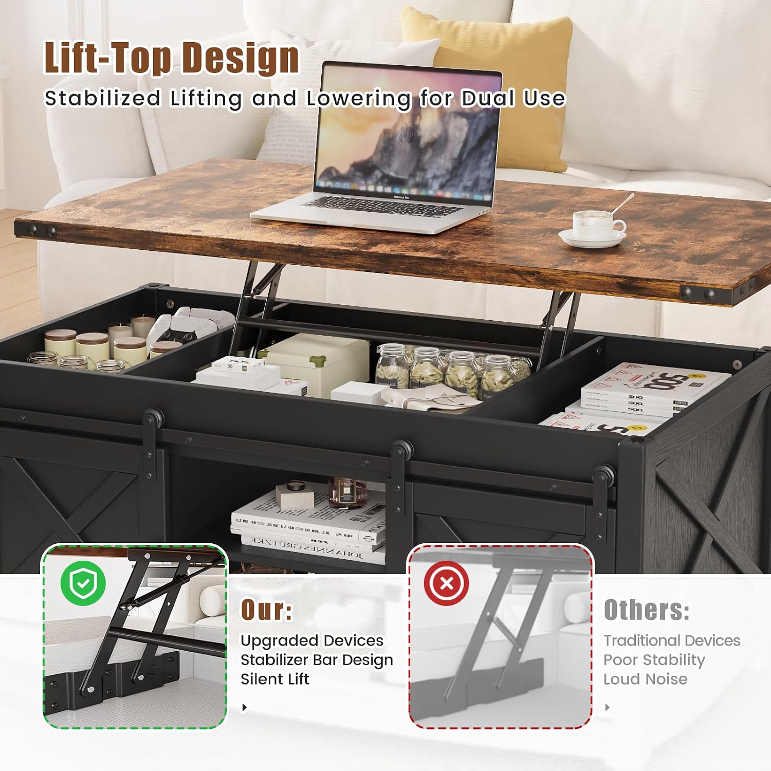 ALLSTAND 48' Farmhouse Lift Top Coffee Table with Storage Sliding Barn Door & Large Hidden Compartment, Coffee Table with Lifting Top with Wooden Lift Tabletop, Coffee Tables for Living Room, Black