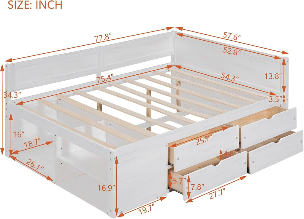 White Full Size L-Shaped Daybed with 4 Storage Drawers & Shelves,Wooden Corner Day Bed Frame with Headboard & Bookcase for Boys,Girls,Small Room,Guest Room,kids'Room,No Box Spring Needed