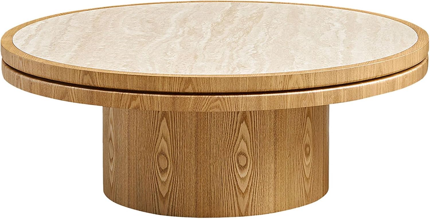 JUSTONE 35.43''Round Fluted Coffee Table,Farmhouse Wood Coffee Table for Living Room Apartment,Easy Assembly,Oak(ø35.43'' x 13.78'')