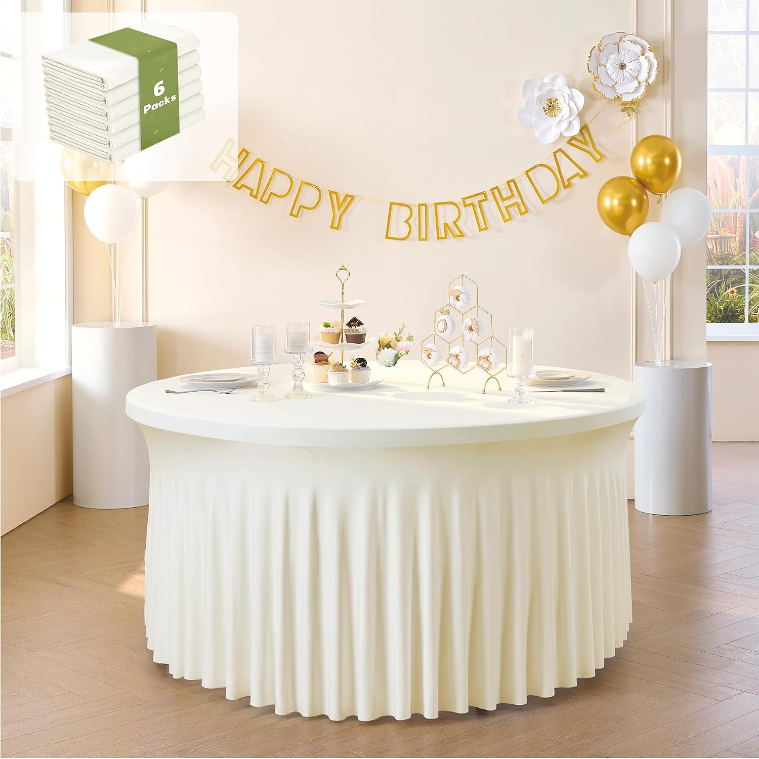 leegleri 6 Pack 60Inch Ivory Spandex Round Tablecloths, Stretchy 120inch Fitted 5FT Round Table Cloths, Wrinkle Free Table Cover with Skirt for Wedding Party Dining Banquet