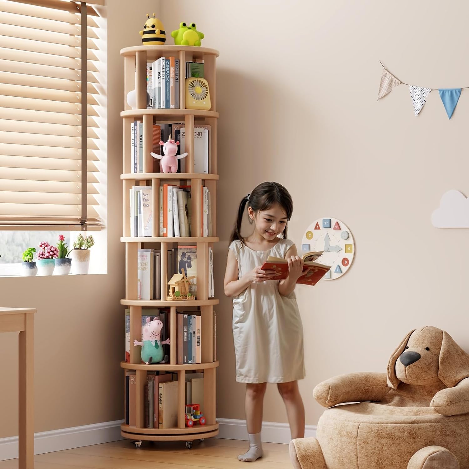 Muwuele Solid Wood Rotating Bookshelf on Wheels, 6 Tier, Round Revolving Bookcase, 360° Spinning Book Shelf Tower for Kids, Narrow Rolling Bookshelves for Small Space, Corner, Bedroom, Office, Natural