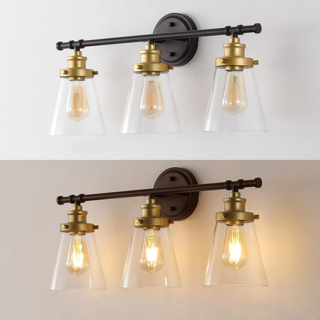 JONATHAN Y JYL1507B Hollis 23.75' 3-Light Traditional Farmhouse Vanity Light with Bathroom Accessory Set, Oil Rubbed Bronze/Gold Painting (5-Piece) - Towel Bar & Ring, Toilet Paper Holder, Robe Hook