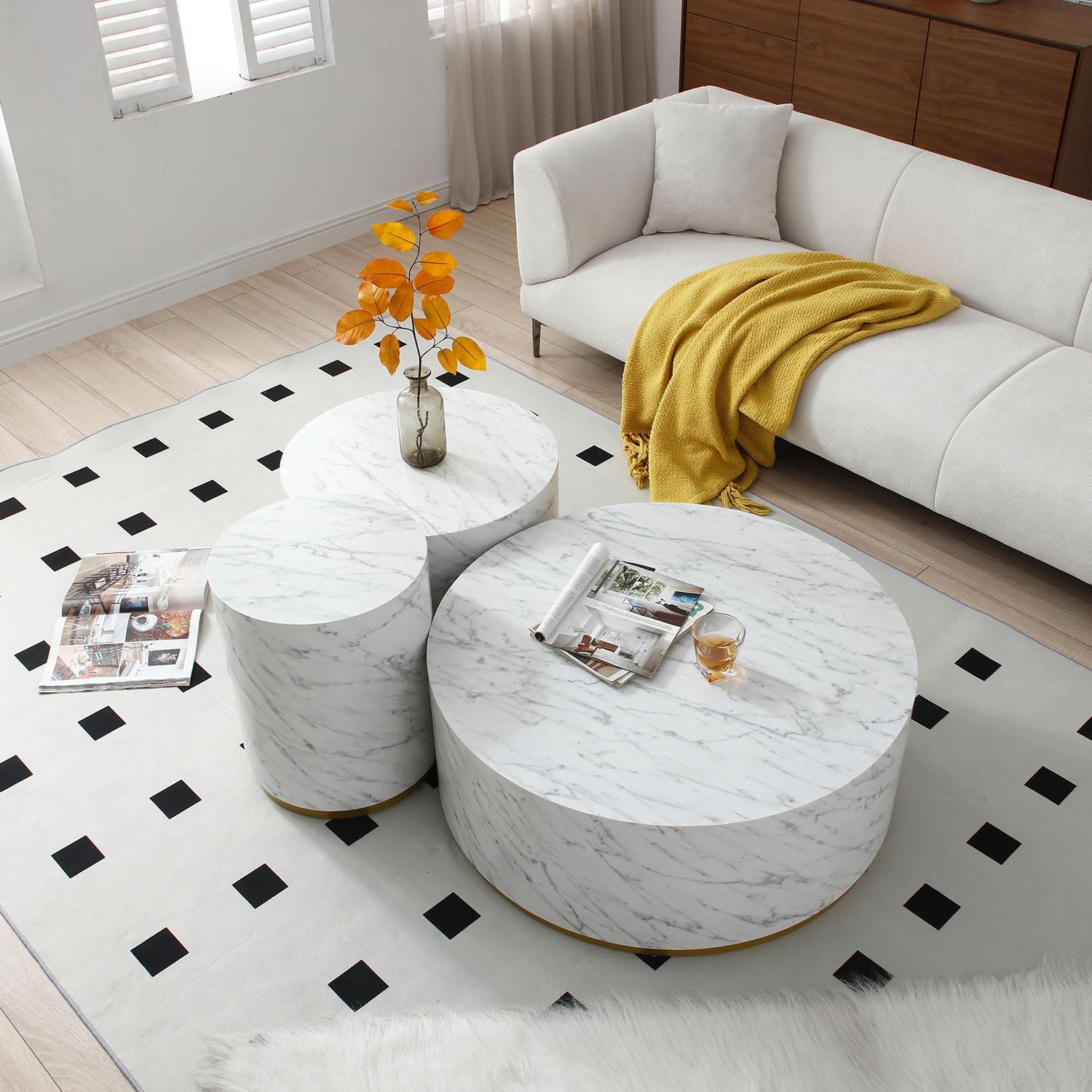 23.62' D Round Coffee Table Black End Table Side Table Living Room Table Sets, Industrial Cocktail Table, Circle Drum Wood Modern Contemporary Coffee Table for Apartment Office, White & Gold