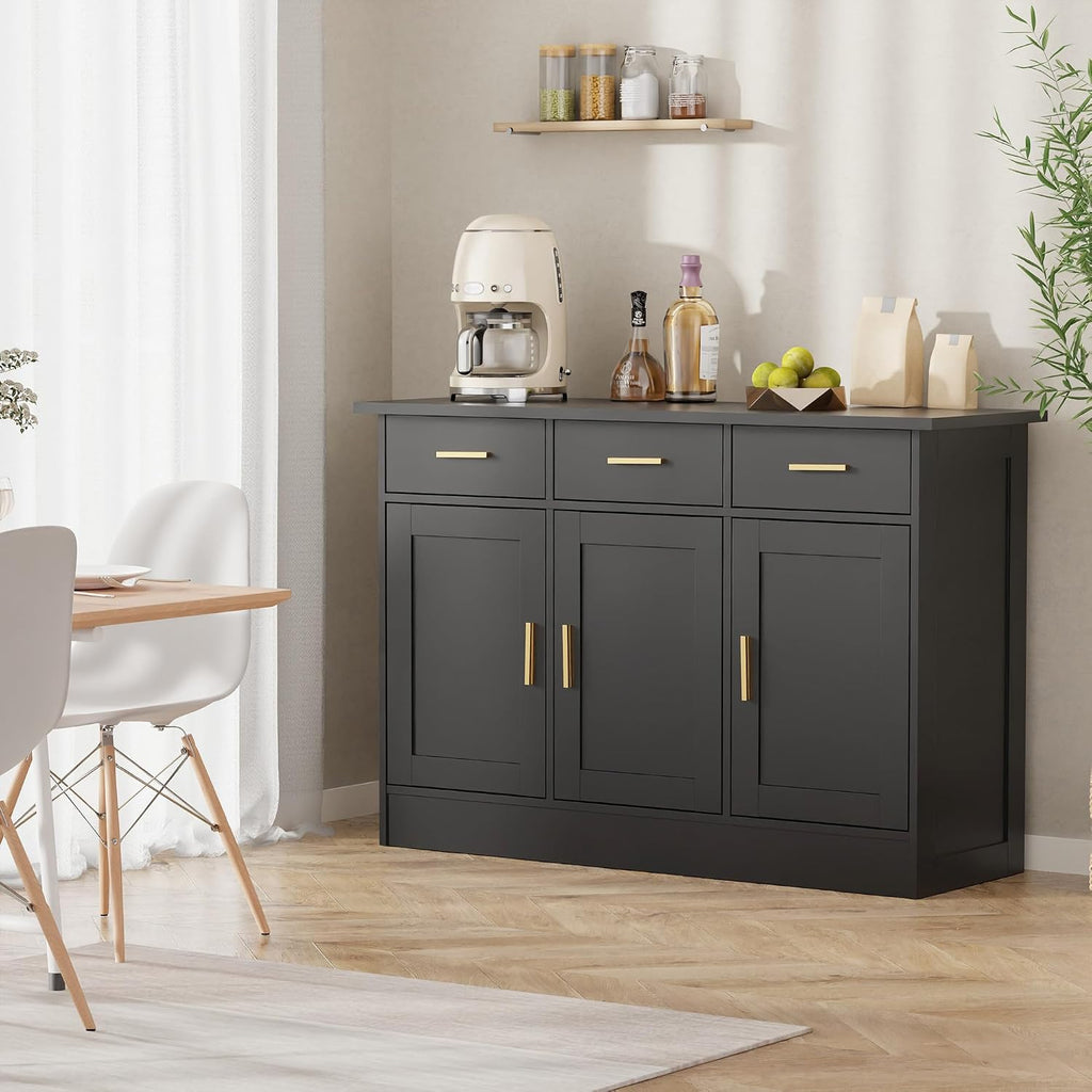 Buffet Cabinet with Storage - Buffets & Sideboards Kitchen Storage Cabinet, Wood Console Table Coffee Bar Accent Cabinets for Living Room Dining Room Entryway Large 3 Doors & Drawers, Black 47.2'W