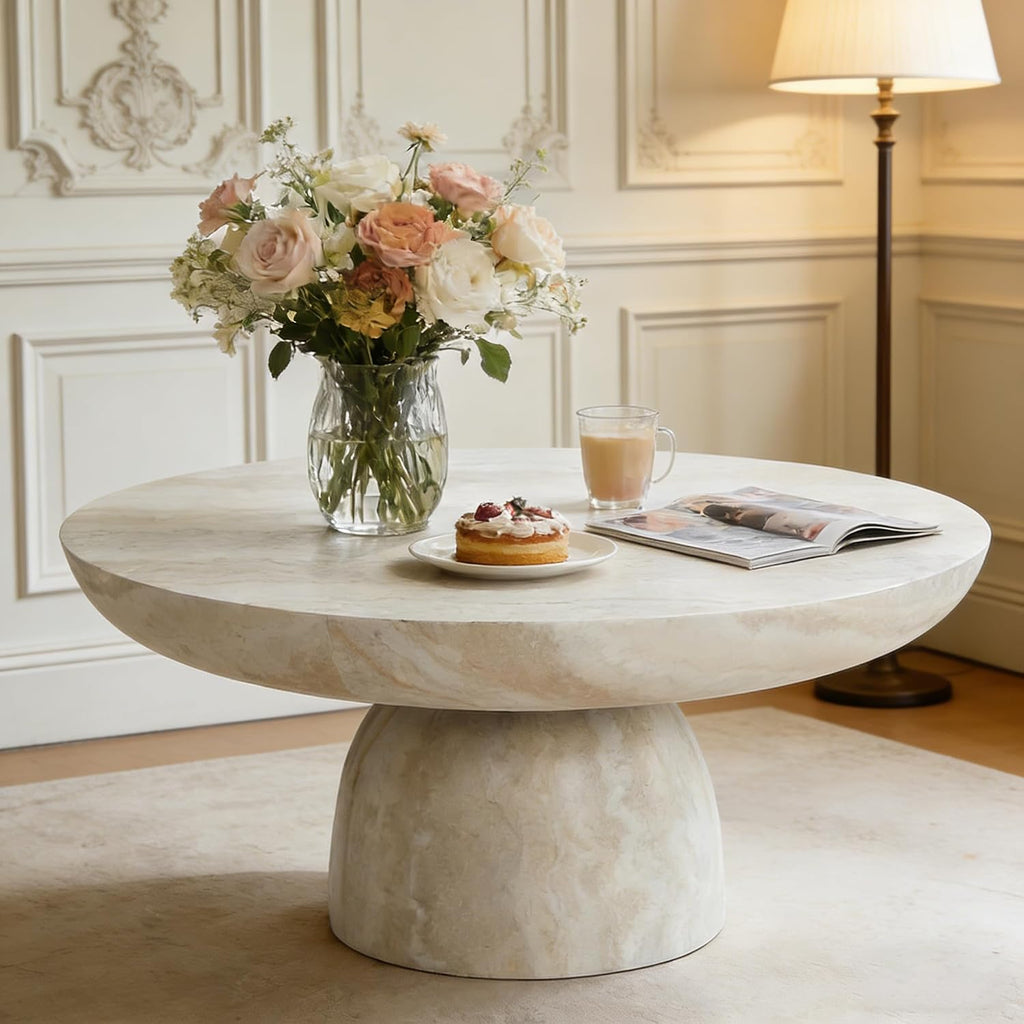 35.43' Modern Faux Marble Coffee Table, Round Stone Coffee Table with Cylindrical Leg, Fiberglass Drum Circle Center Table, Sofa Side End Tables for Living Room Apartment Home Cocktail Tea