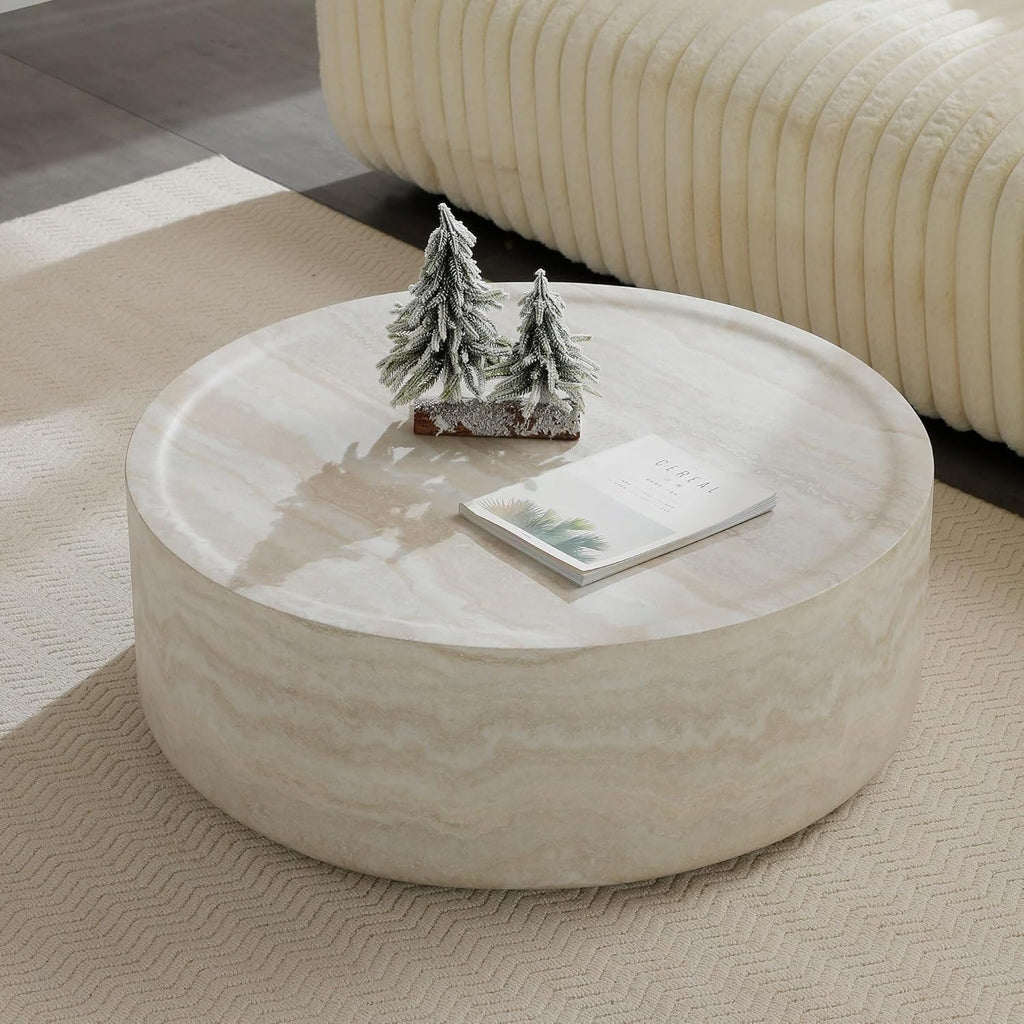 31.49' Faux Marble Coffee Table for Living Room, Travertine Stone Pattern Modern Drum Circle Round Center Table for Living Room, Apartment, Office, Fiberglass, No Assembly, Beige