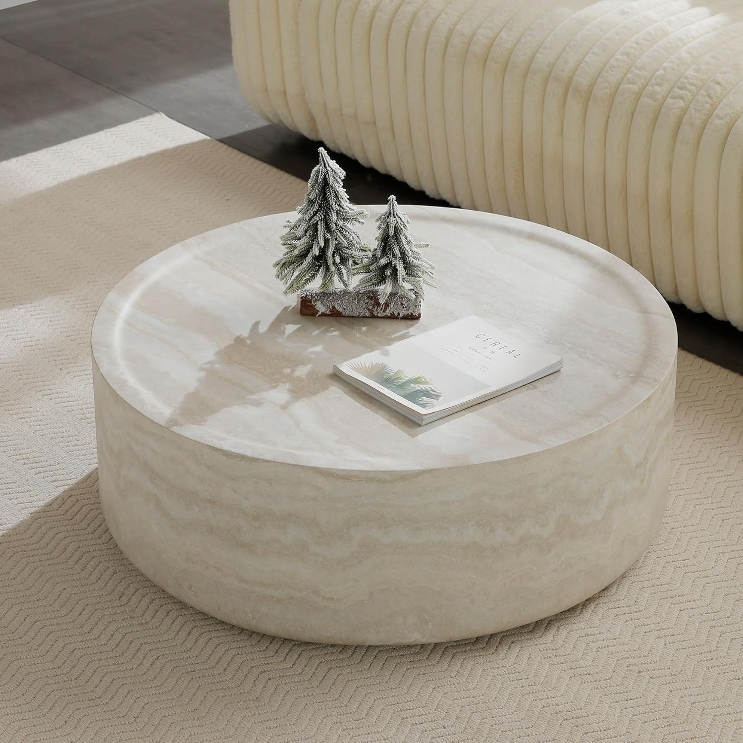 31.49' Faux Marble Coffee Table for Living Room, Travertine Stone Pattern Modern Drum Circle Round Center Table for Living Room, Apartment, Office, Fiberglass, No Assembly, Beige