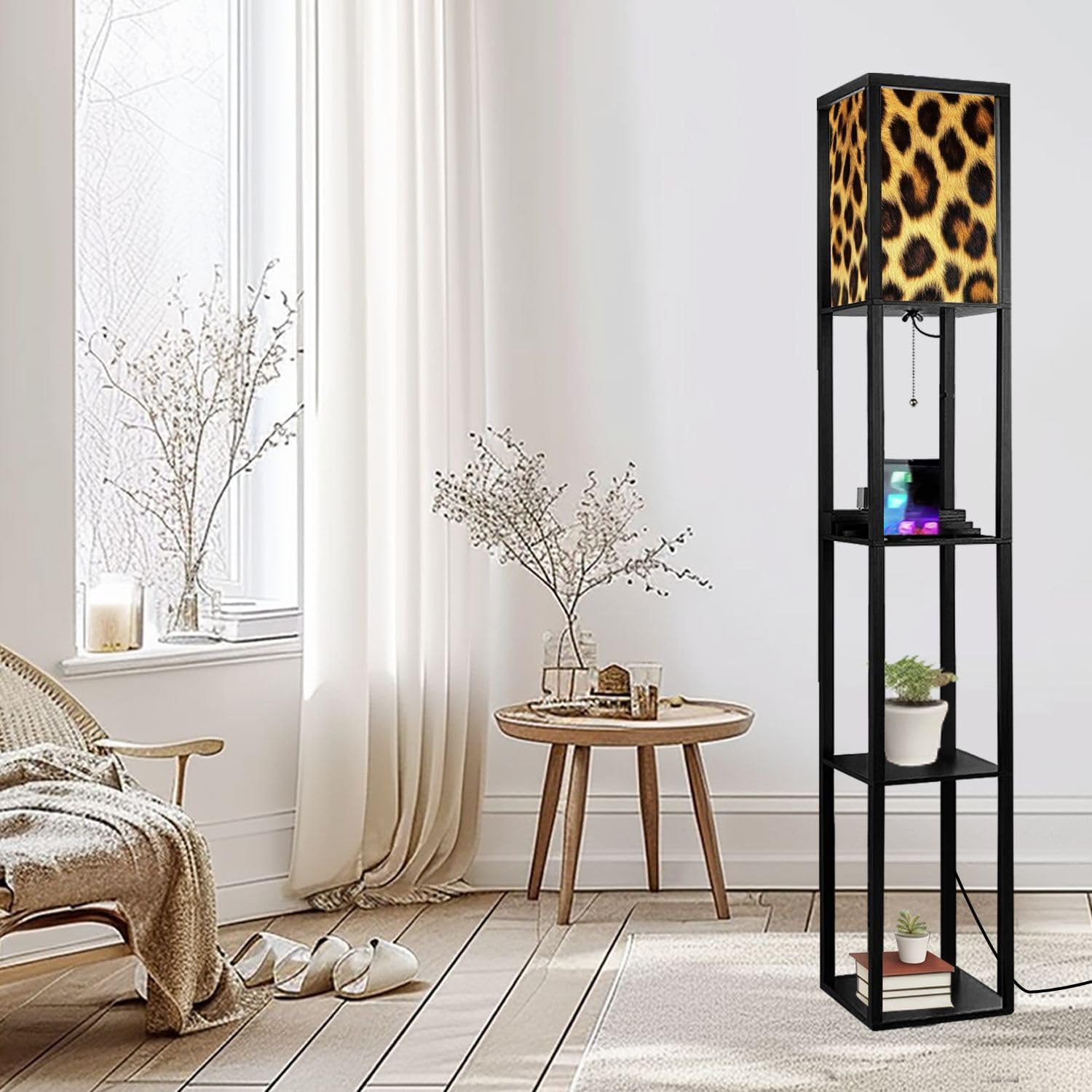 Floor Lamp with Shelves Leopard Cheetah Animal Print Seamless Tile Standing Tall Lamp USB Ports & Power Outlet Modern Corner Lamp Nightstand Light for Living Room Bedroom