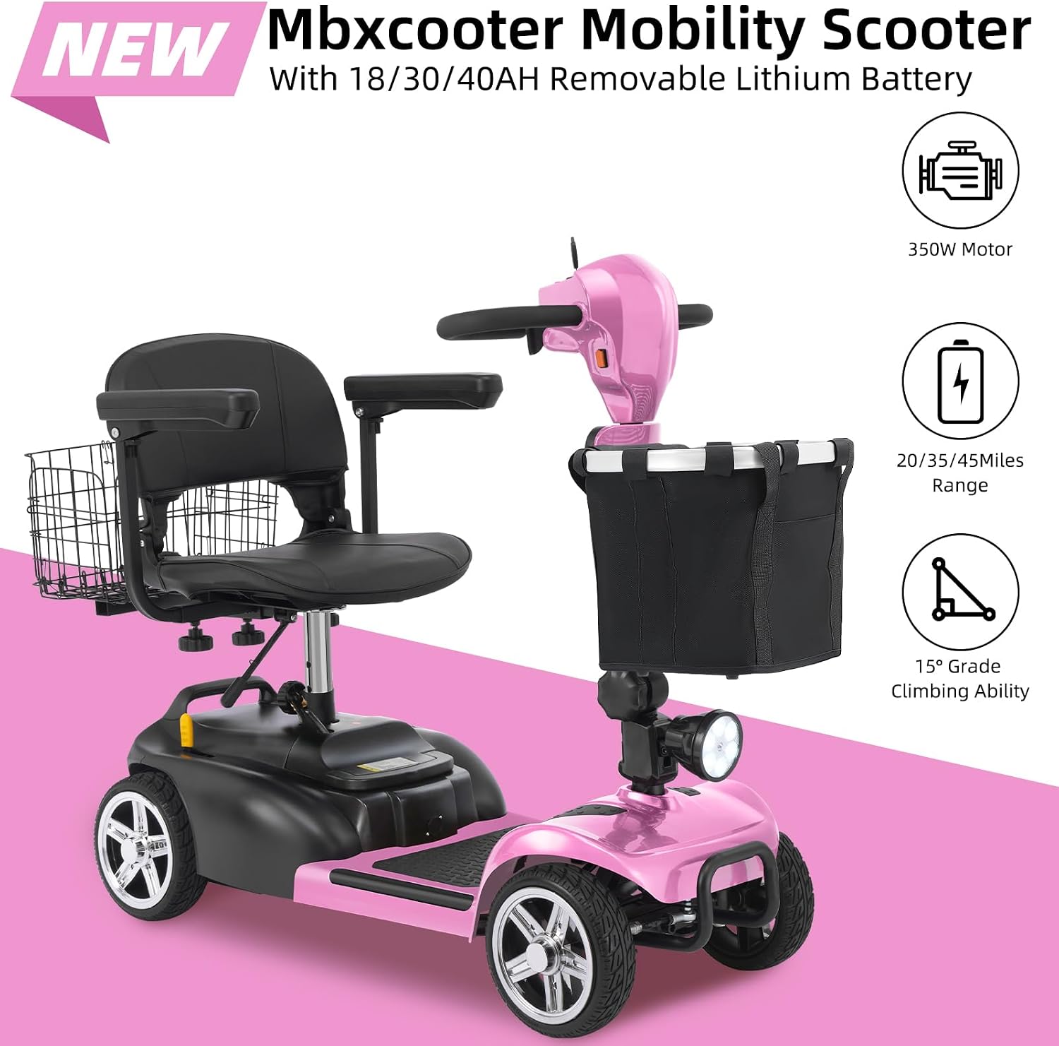 20 Miles 4 Wheels Mobility Scooter for Seniors/Adults Up to 300LBS,350W Electric Wheelchair Detachable Lithium Battery,Dual Baskets,Rotating Seat,with Taillight, USB Charging, Pink