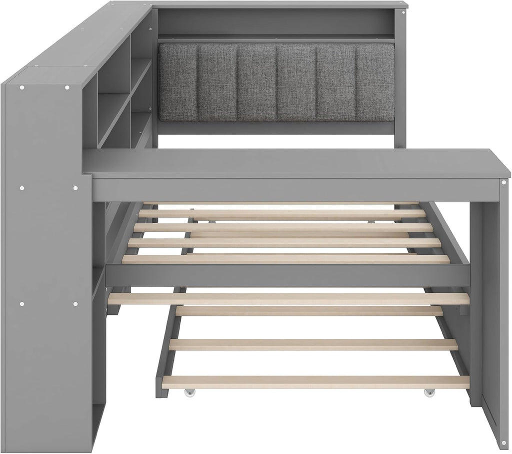LUMISOL Twin Size Corner Bed with Desk, Storage Bookcase, Charging Station and LED Lights, Solid Wood Daybed Frame with Trundle and Upholstered Headboard for Kids Teens Adults, Gray