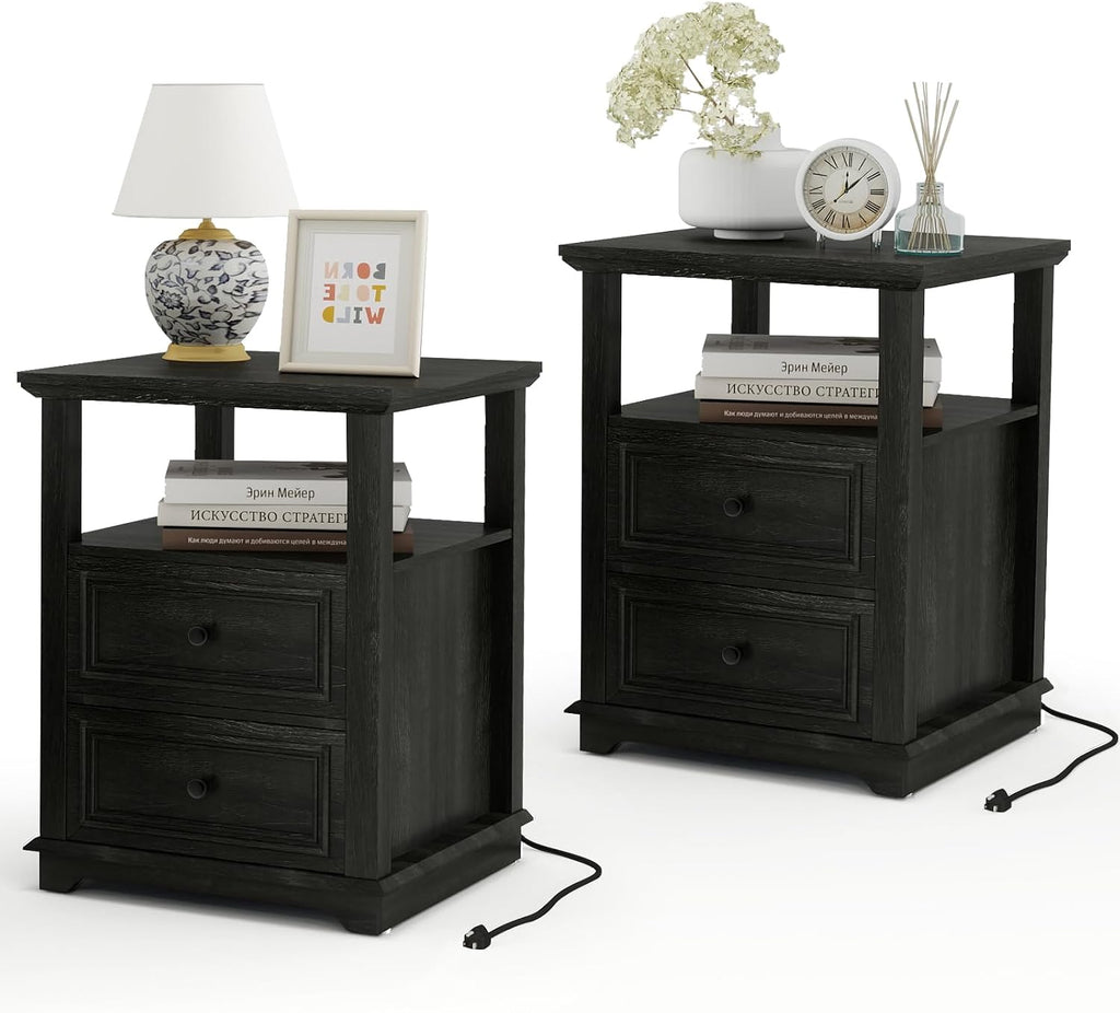 Vipbear Farmhouse Nightstand 18' Dark Gray End Table with Charging Station & 2 Drawers, Rustic Bedside Table with Storage Shelf for Bedroom, Living Room,18.1' D x 18.1' W x 24.2' H, Set of 2
