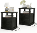 Vipbear Farmhouse Nightstand 18' Dark Gray End Table with Charging Station & 2 Drawers, Rustic Bedside Table with Storage Shelf for Bedroom, Living Room,18.1' D x 18.1' W x 24.2' H, Set of 2