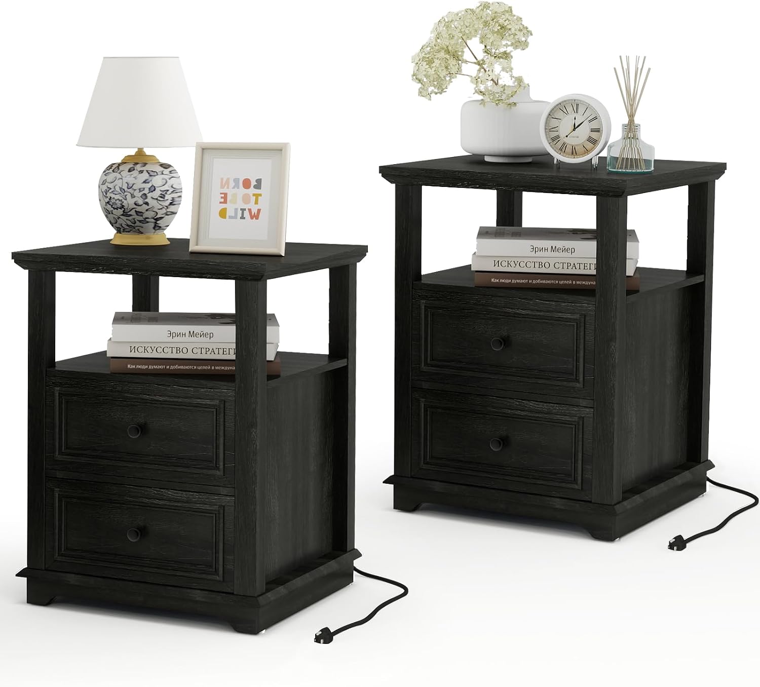Vipbear Farmhouse Nightstand 18' Dark Gray End Table with Charging Station & 2 Drawers, Rustic Bedside Table with Storage Shelf for Bedroom, Living Room,18.1' D x 18.1' W x 24.2' H, Set of 2
