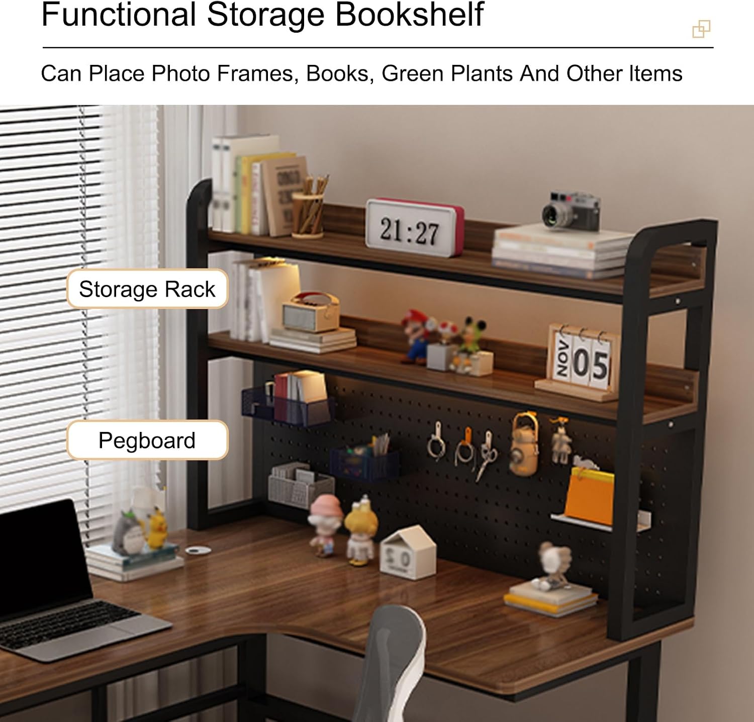 Corner with Storage Shelves, L Shaped Office Desk with Pegboar, Space Saving Writing Desk Writing Workstation Gaming Table for Home Bedroom,Grey-One Size