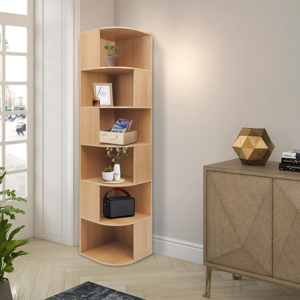 6 Tier Bookshelf Tower, 69.29'' Tall Floor-Standing Bookcase Display Cabinet, Wood Corner Book Shelf Organizer, Standing Bookshelf for Bedroom, Living Room, Study Room (Log Color)