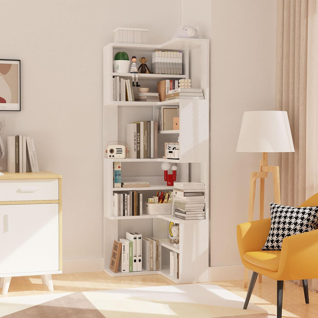 Lkeiyay 9-Tier White Corner Bookcase, 65' Tall Space-Saving Modern Corner Bookshelf for Living Room/Bedroom, Sturdy Open Storage Unit with Multiple Shelves, Perfect for Home Office & Small Spaces