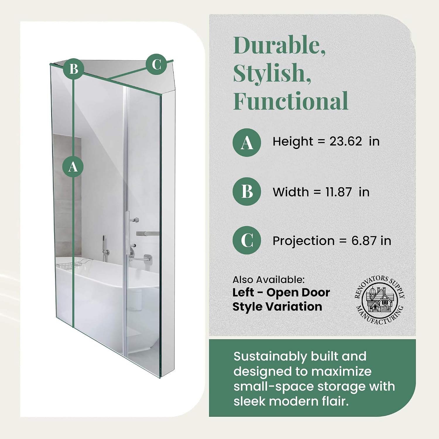 Renovators Supply Infinity Corner Wall Mount Medicine Cabinet with Mirror Polished Stainless Steel Bathroom Storage 23.6 x 11.8 Inches Hanging Triple Shelf Storage Cabinet Opens Right to Left