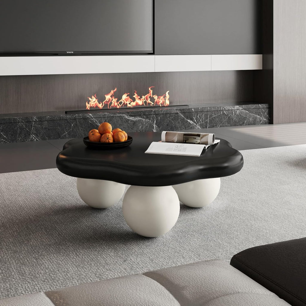35.03' Cloud Coffee Table for Living Room Unique Coffee Table Modern Low Coffee Tables Cute Center Table with 3 Ball Legs for Small Space Apartment Cream Flower- Black & White