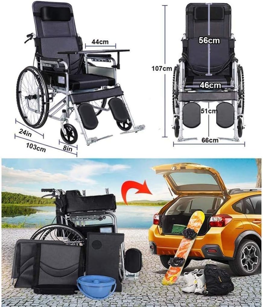 Wheelchair Self-Propelled, High Back Foldable Aluminum Alloy Manual with Dinner Board and Potty Non-Pneumatic Tire Double Brake Disabled/Elderly Push Scooter,Portable