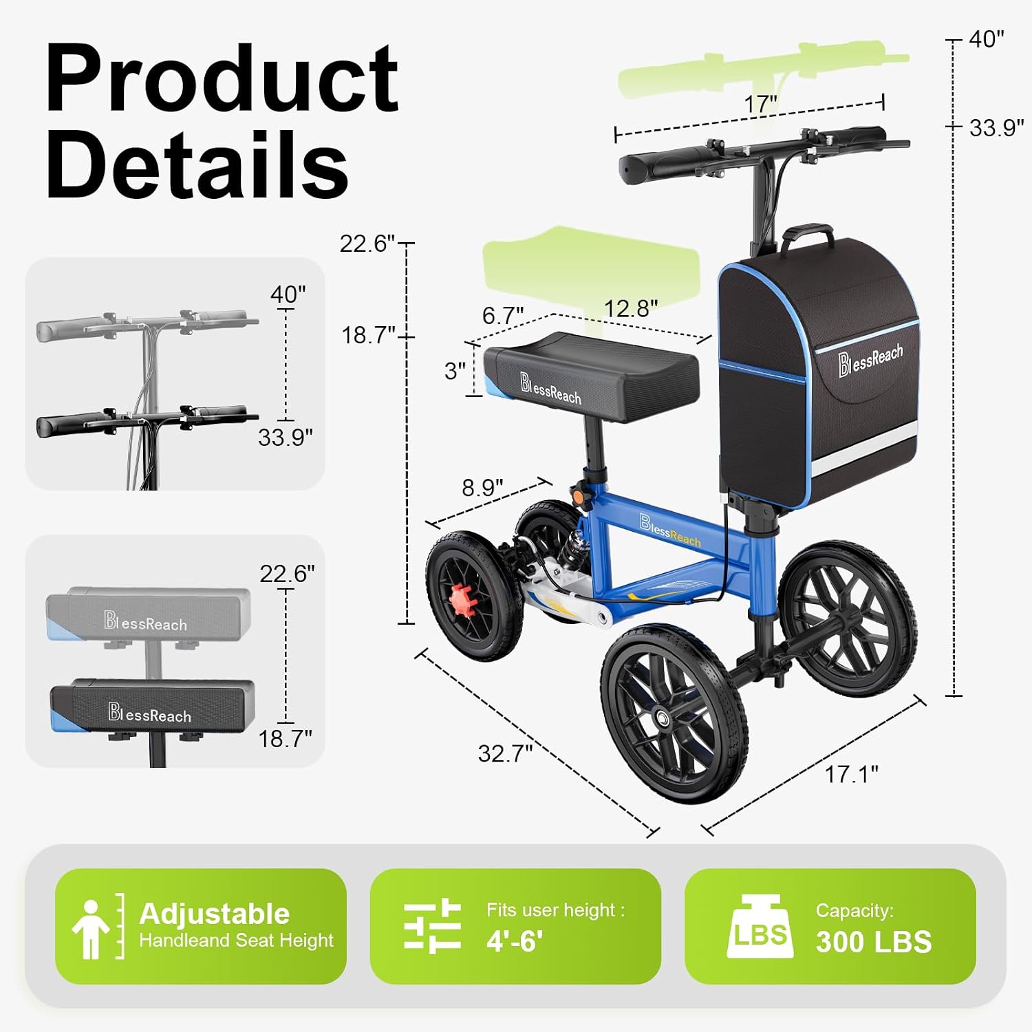 BlessReach All Terrain Steerable Knee Scooter Crutch Alternative，Deluxe Medical Scooter Double Handbrake,for Adults Injured Ankle & Foot Recovery Scooter in Blue