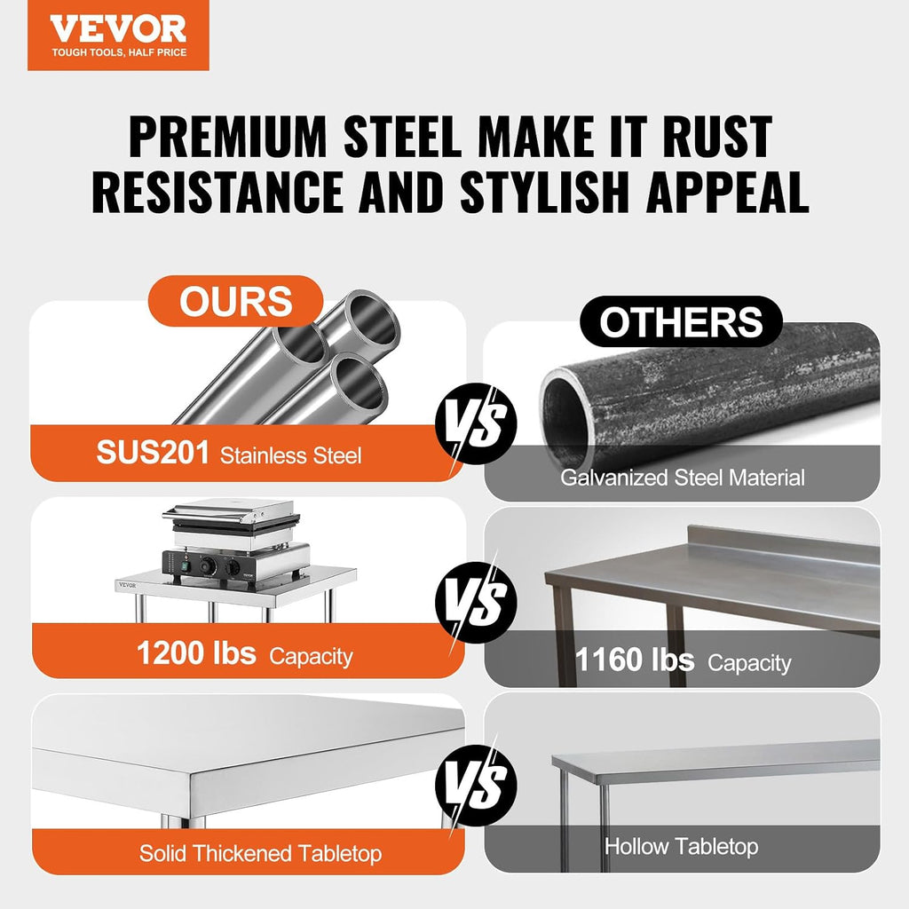 VEVOR Stainless Steel Food Prep Table, 18 x 48 x 34 Inch Commercial Kitchen Worktable, with 2 Adjustable Undershelf, Heavy Duty Prep Tables Metal Work Table for BBQ, Kitchen, Home, and Garage
