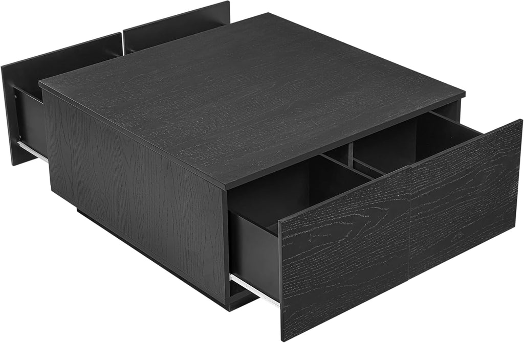 SSLine Square Coffee Table with 4 Storage Drawers,33.2-Inch Black Wooden Coffee Table for Living Room Minimalist Cocktail Center Tables for Small Space