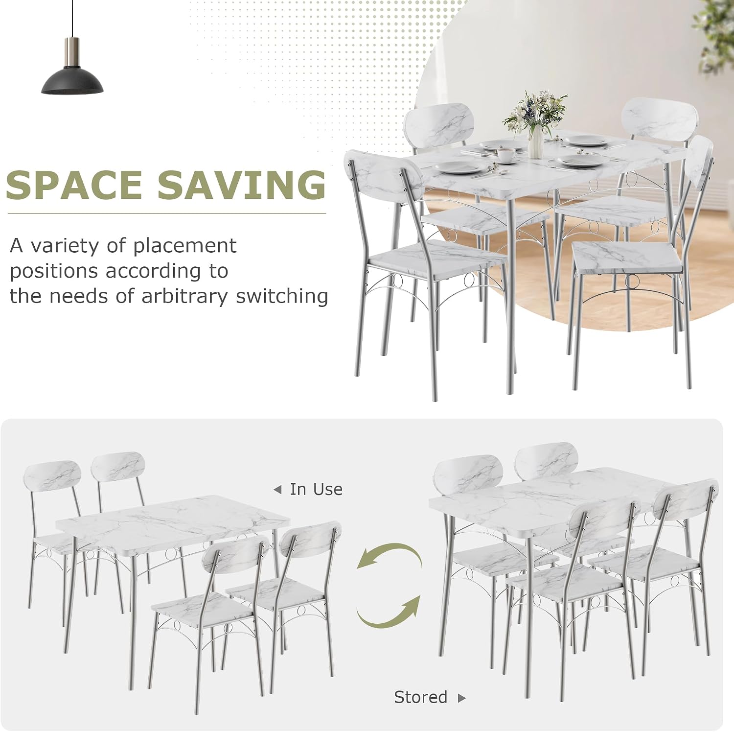 VECELO Dining Table Set for 4, 5-Piece Kitchen Table with 4 Chairs, MDF Board Tabletop with Metal Frame for Small Space, Compact Dinette, Breakfast Nook, Marble White