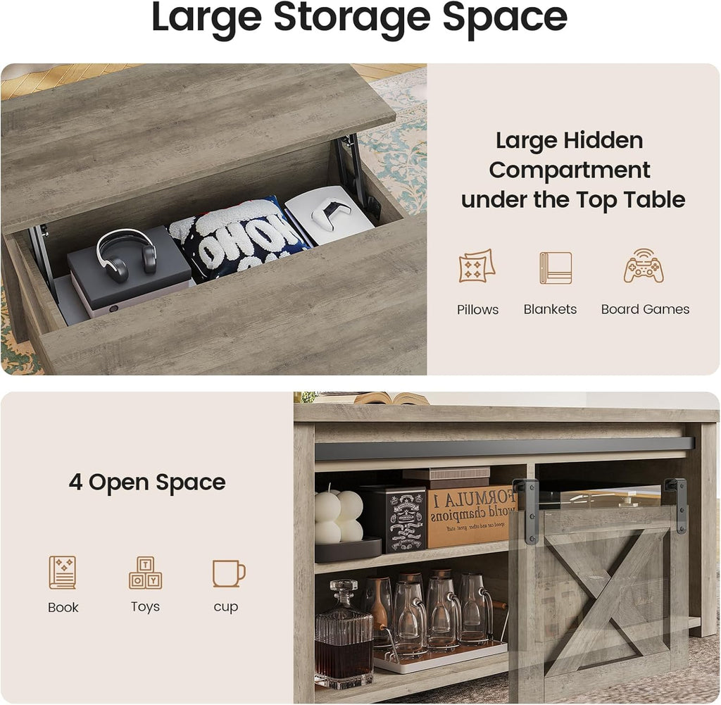 SEDETA 31.5' Lift Top Coffee Table with Storage, Square Coffee Tables for Living Room, Farmhouse Coffee Table with Large Hidden Storage Compartment and Adjustable Shelves, Grey