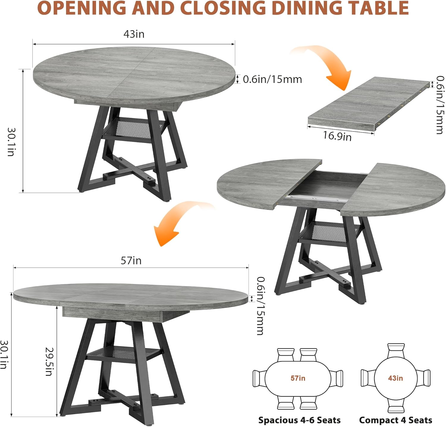 43''-57'' Extendable Round Dining Table for 4-6, Modern Industrial Kitchen Oval Dining Table with Removable Leaves, Space Saving Pedestal Base with Storage Shelf for Kitchen Living Room (Grey)