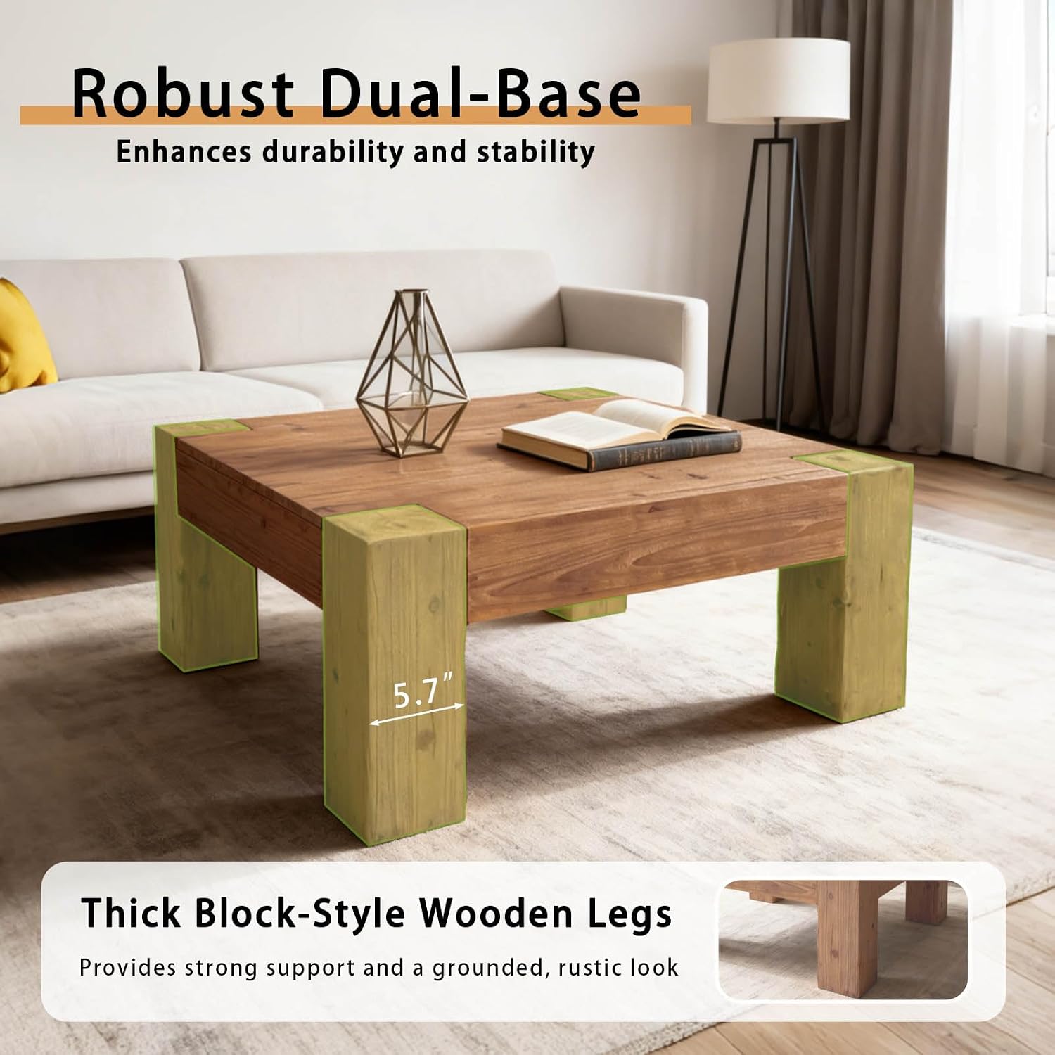39.4' Square Coffee Table, Farmhouse Solid Wood Coffee Table with Sturdy Base, Mid-Century Modern Accent Center Tea Tables for Living Room Apartment, Easy Assembly