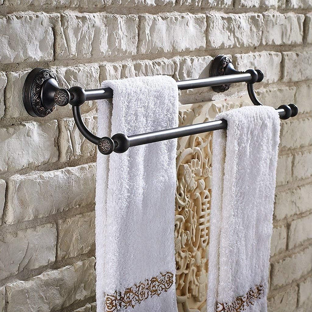 Double Brass Towel Bar Wall Mounted Oil Rubbed Bronze 24 inch Towel Rail W/Carved Base Brushed Finish for Bathroom Towel Rack