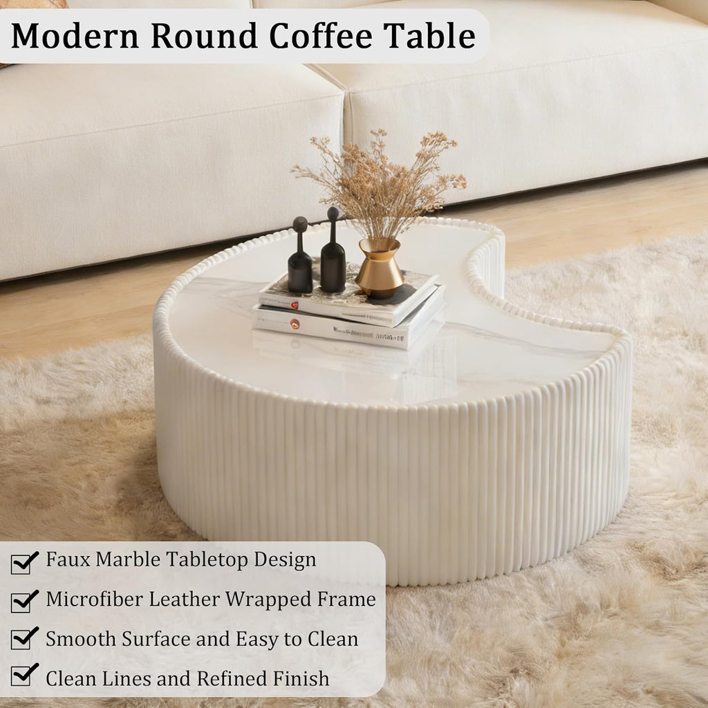 White Round Coffee Table with Sintered Stone Tabletop, 29.53' Drum Coffee Table with Fluted PU Leather Covered and Stable Base, Circle Cocktail Tea Table for Living Room
