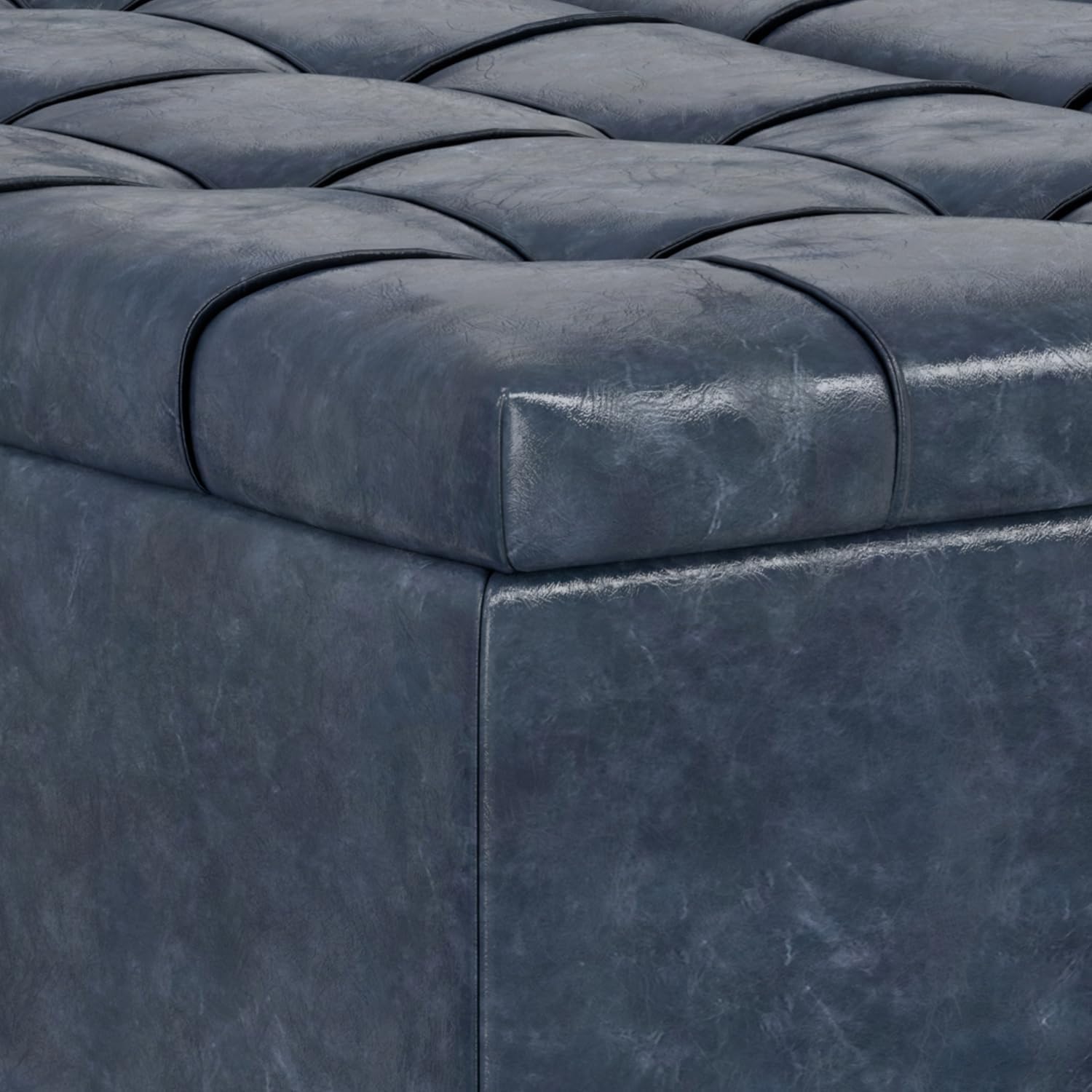 SIMPLIHOME Harrison Large Coffee Table Storage Ottoman - 40 inch Wide Upholstered Vegan Leather Square Lift-Top Ottoman in Denim Blue, Transitional Bench for Living Room with Sturdy Base