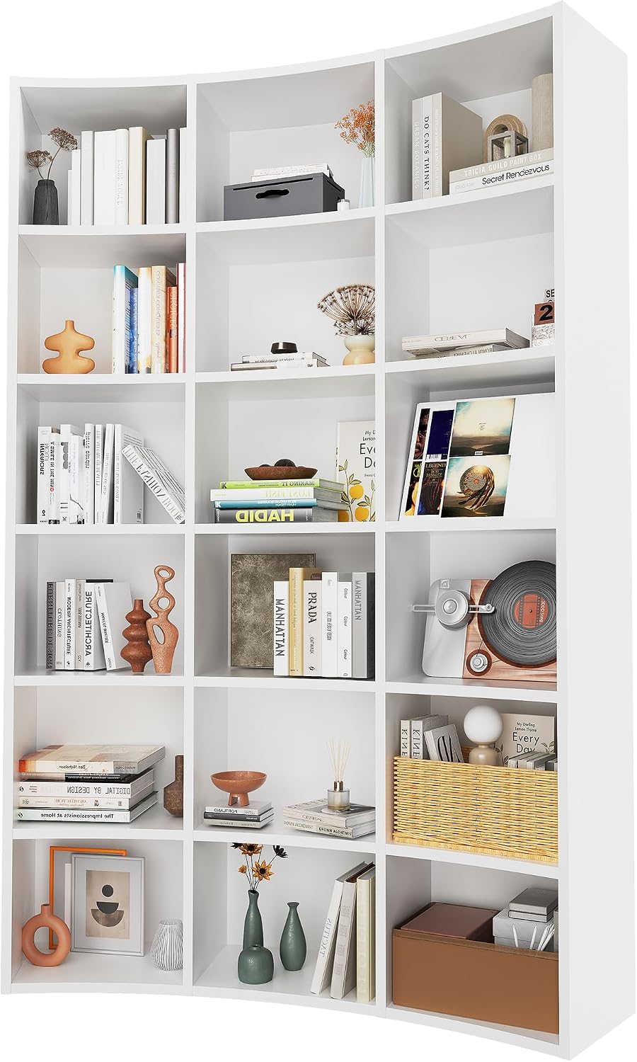 71' Triple Wide Bookshelf, 6 Tier Tall Bookshelf, Large Book Shelf with Curved Baffle, 41.5' Wide Bookcase with 18 Open Floor Standing Display Shelves for Living Room, White