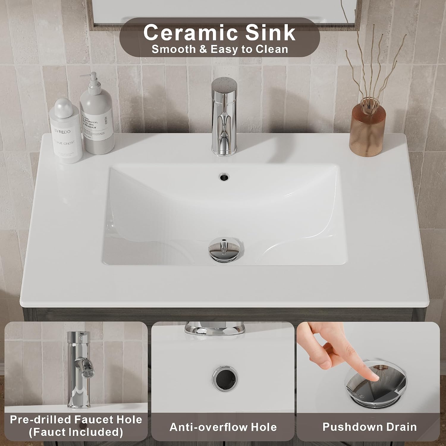 KIGOTY 30 Inch Farmhouse Vanity for Bathroom with Ceramic Sink, Vanity Sink Cabinet with Faucet, Wooden Sink Vanity, Freestanding Bathroom Sink and Cabinet, Bathroom Furniture Set