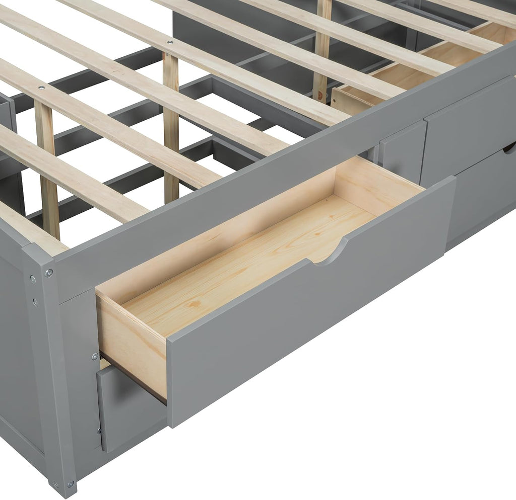 Merax Full Size Daybed with 2 Bedside Cabinets and 4 Drawers, Full Corner Bed Platform Bed with Upper Shelves for Bedroom, No Box Spring Needed, Gray