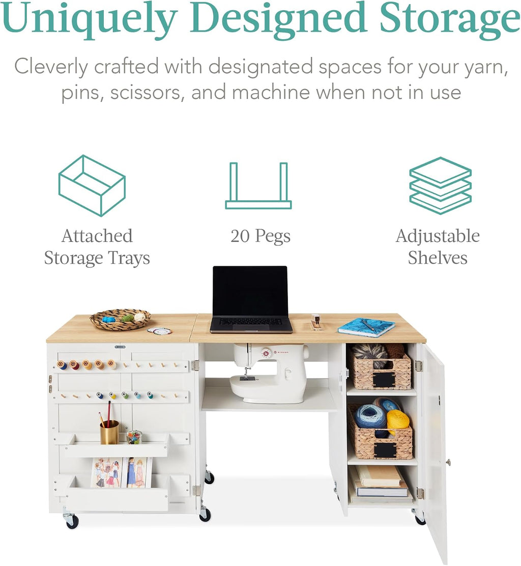 Best Choice Products Large Folding Sewing Table, Multipurpose Portable Craft Station & Side Desk w/Compact Design, Caster Wheels, Storage Shelves, 2 Storage Trays, Magnetic Doors - White