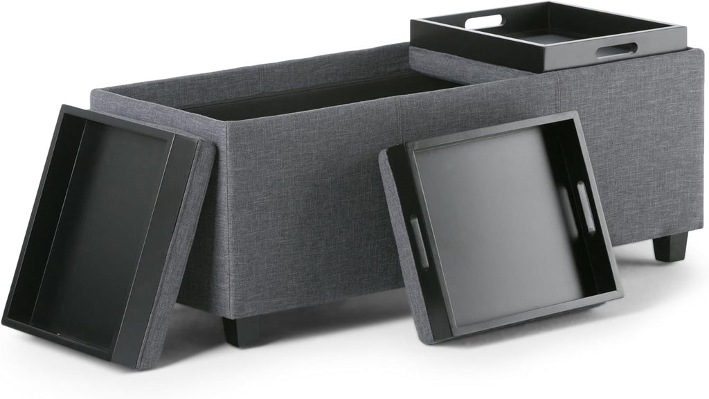 SIMPLIHOME Avalon Storage Ottoman - 42 inch Wide Upholstered Linen Look Fabric Rectangular Flip-Top Ottoman in Slate Grey, Contemporary Coffee Table Ottoman for Living Room with Hidden Storage