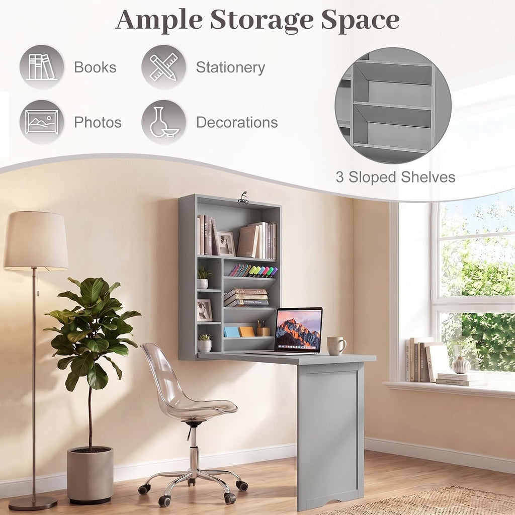 Tangkula Folding Wall Mounted Desk, Convertible Fold Out Floating Table with Storage Shelves, Space-Saving Drop Leaf Table, Murphy Desk for Craft, Study, Small Spaces, Home Office, Dorm, Grey