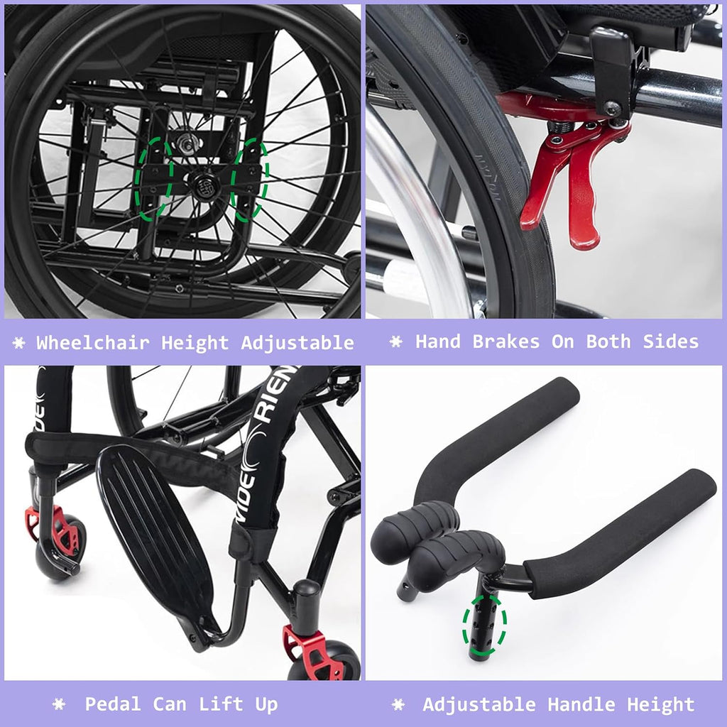 Foldable Aluminum Wheelchair,Folding Sports Wheelchair,Transport Wheelchair with Handbrakes,All-Terrain Ultra Lightweight Wheelchair,Wheelchairs for Adults,Anti-Tip Wheels(14.1in/36cm)