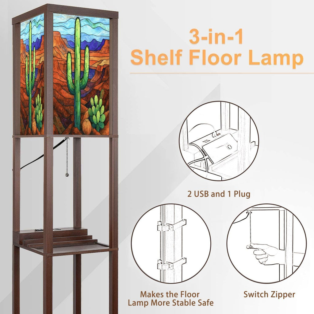 Floor Lamp with Shelves Stained Glass Decor Saguaro Cactus Desert Standing Tall Lamp USB Ports & Power Outlet Modern Corner Lamp Nightstand Light for Living Room Bedroom