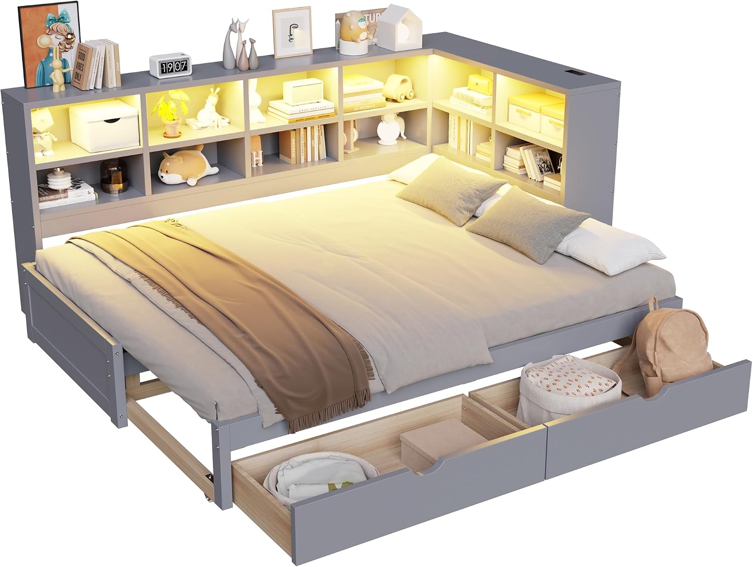 Wood Daybed Twin XL to King Size with 2 Storage Drawers and L-shaped Storage Cabinets, L-Shaped Corner Platform Bed Frame with LED Light and USB Ports for Office Living Room Bedroom (Gray-2.14)