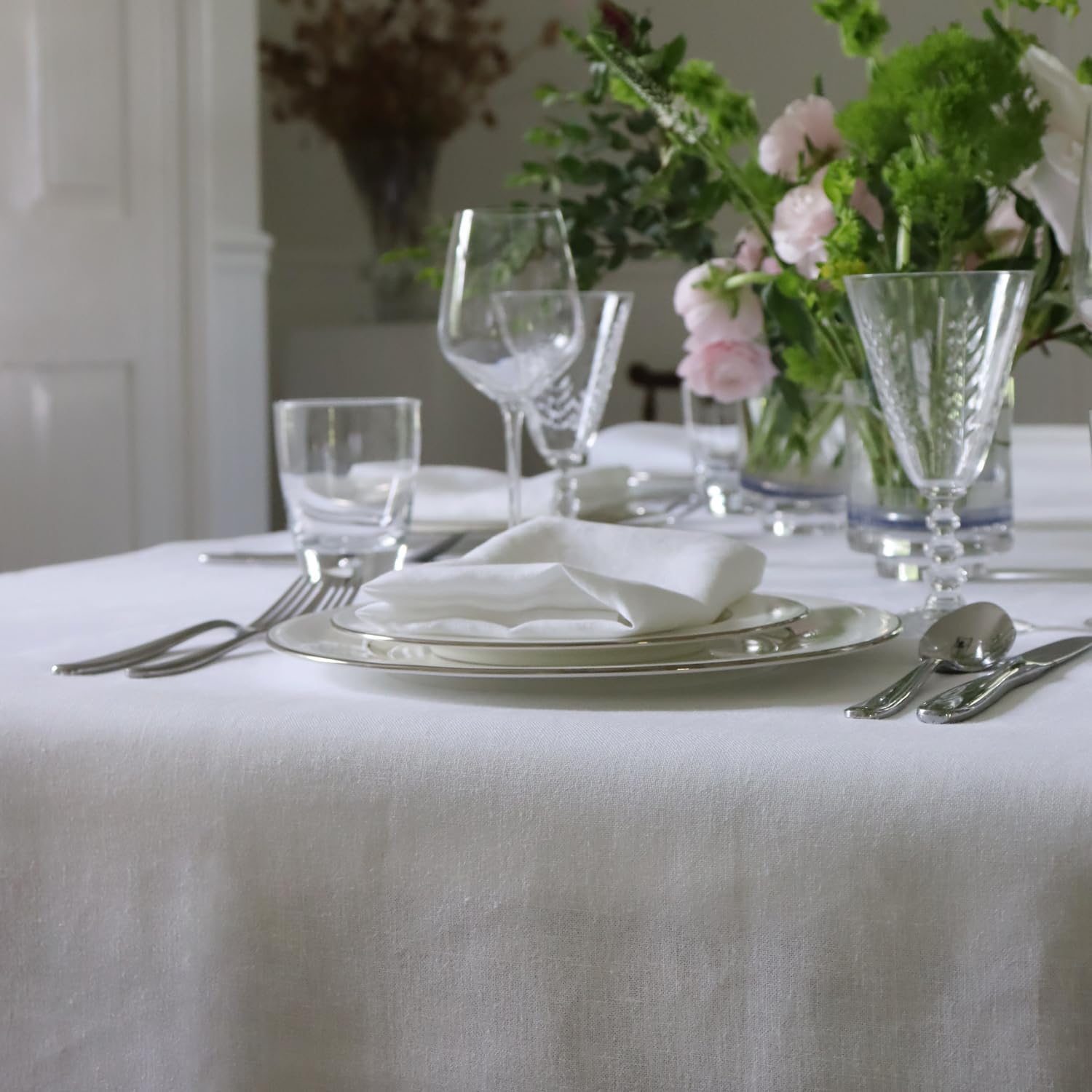 Huddleson White Round Linen Tablecloth 68' Round Luxury Italian Linen Circular Table Cloth Sewn in US